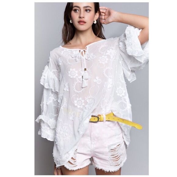 Pol White Boho Embroidered Floral Top with Ruffles - Picture 11 of 16